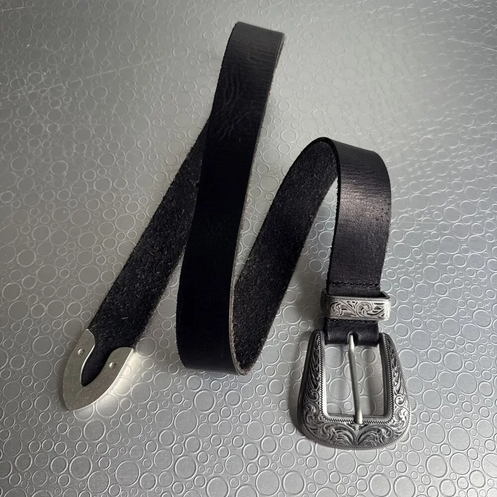 Urban Outfitters Black Leather Western Belt Engraved 3 Piece Buckle Set - Size S